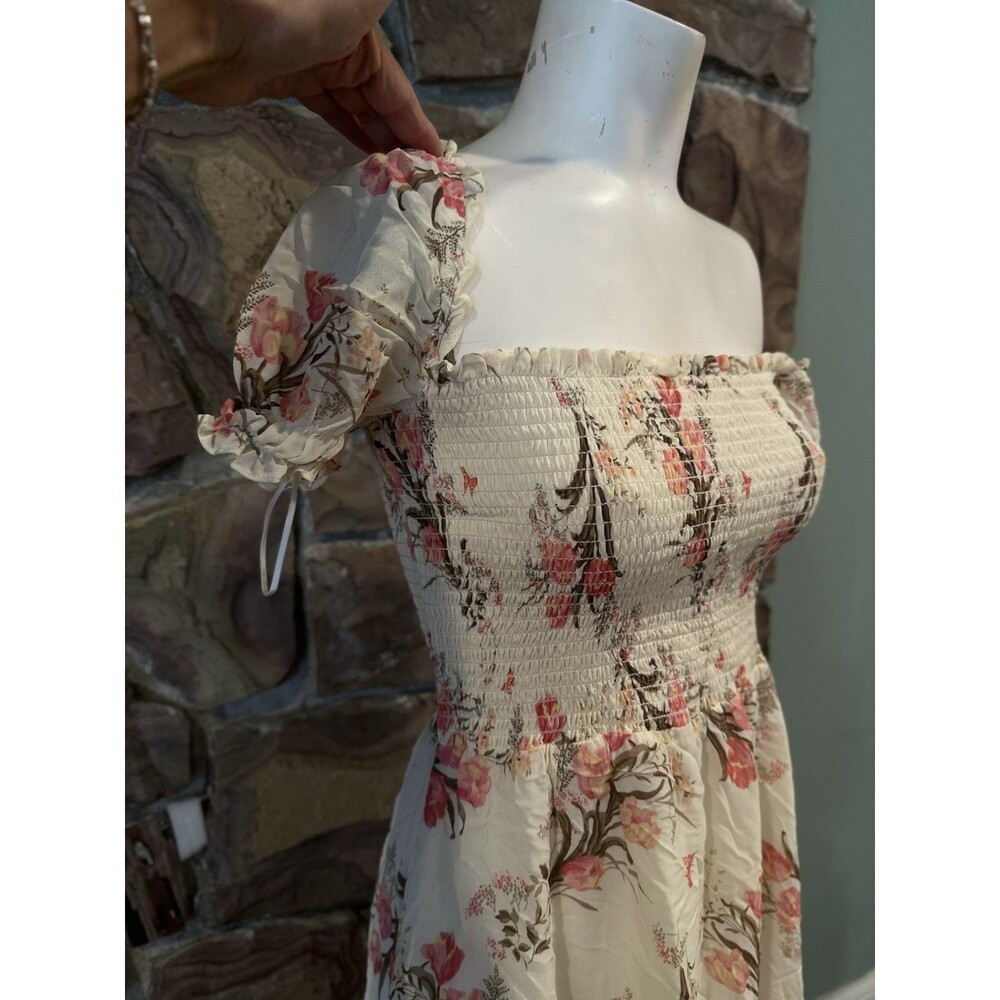 REFORMATION Leila Pink Floral Print INKA Smocked Bodice Slit Crepe Dress M - Picture 13 of 14